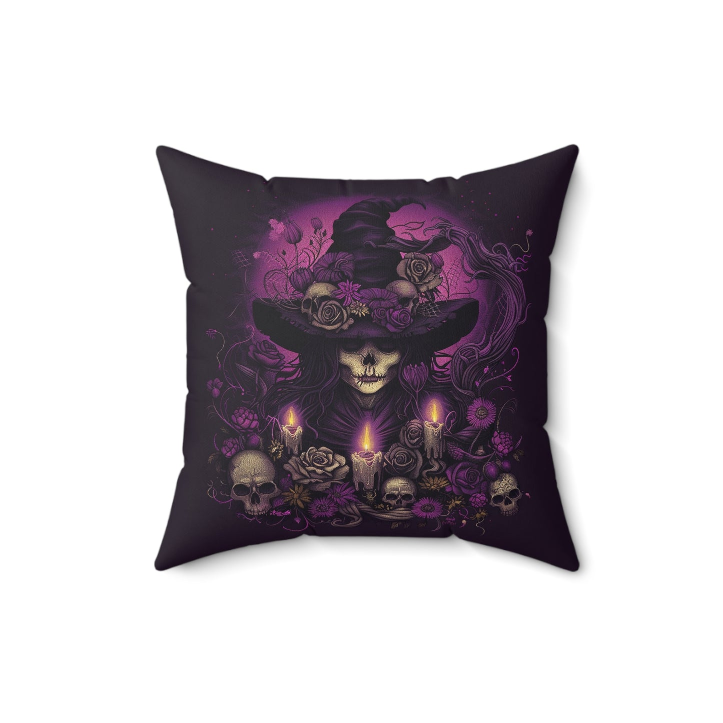 Gothic Witch and Skulls Spun Polyester Pillow - Halloween Home Decor