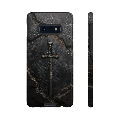 Medieval Sword Phone Case - Elegant Blade Design on Dark Stone Background for iPhone, Samsung Galaxy, and Google Pixel Devices