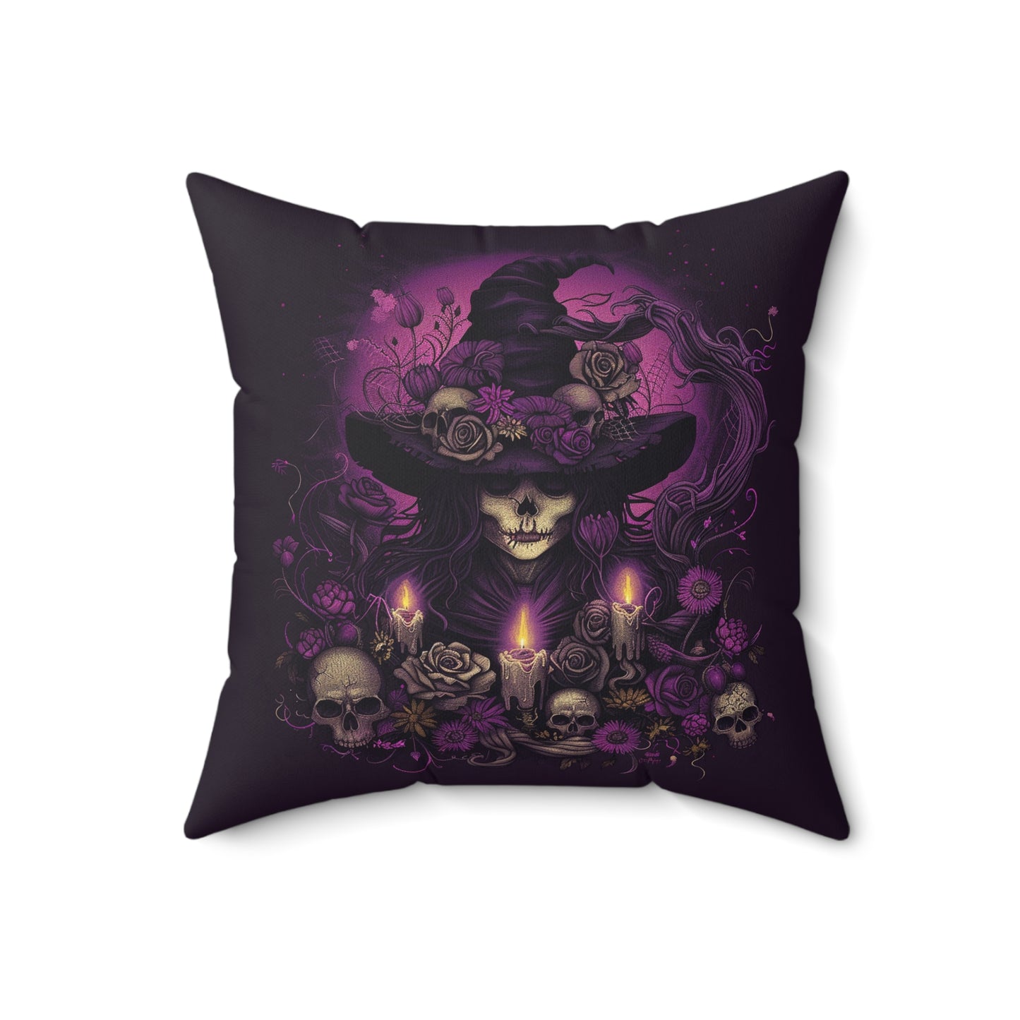 Gothic Witch and Skulls Spun Polyester Pillow - Halloween Home Decor