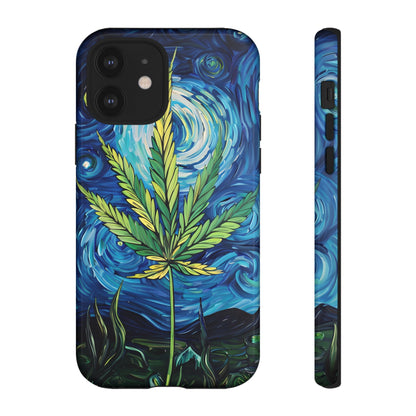 Pot Leaf Starry Night Phone Case – Artistic Marijuana Design for iPhone, Samsung Galaxy, and Google Pixel Devices