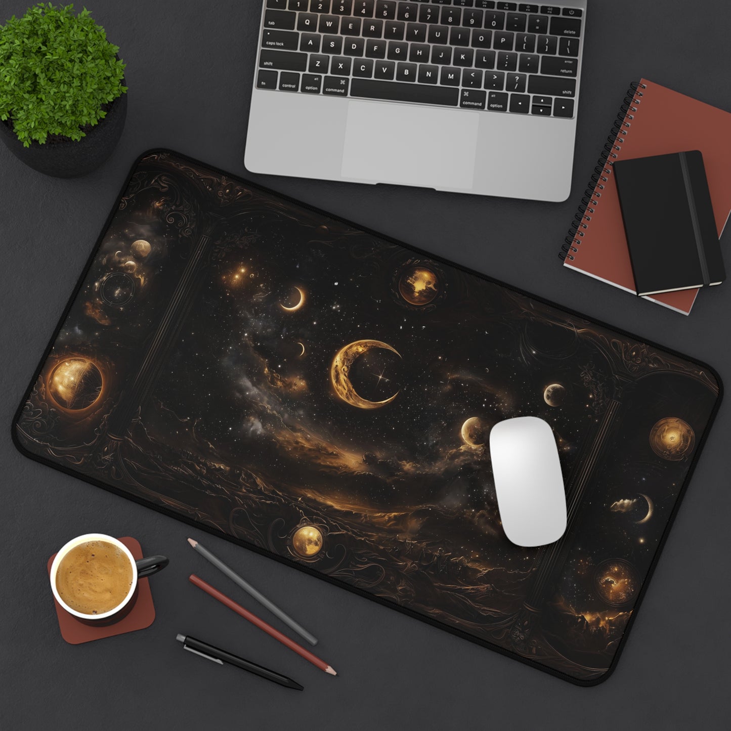 Celestial Night Sky Desk Mat - Cosmic Moon Phases Gaming Mouse Pad with Dark Starry Design