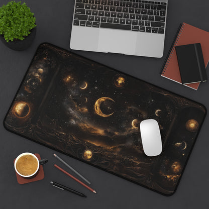 Celestial Night Sky Desk Mat - Cosmic Moon Phases Gaming Mouse Pad with Dark Starry Design