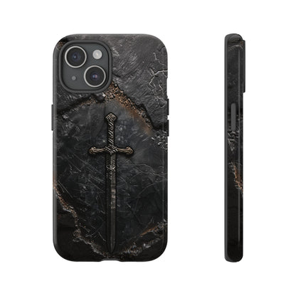 Medieval Sword Phone Case - Elegant Blade Design on Dark Stone Background for iPhone, Samsung Galaxy, and Google Pixel Devices