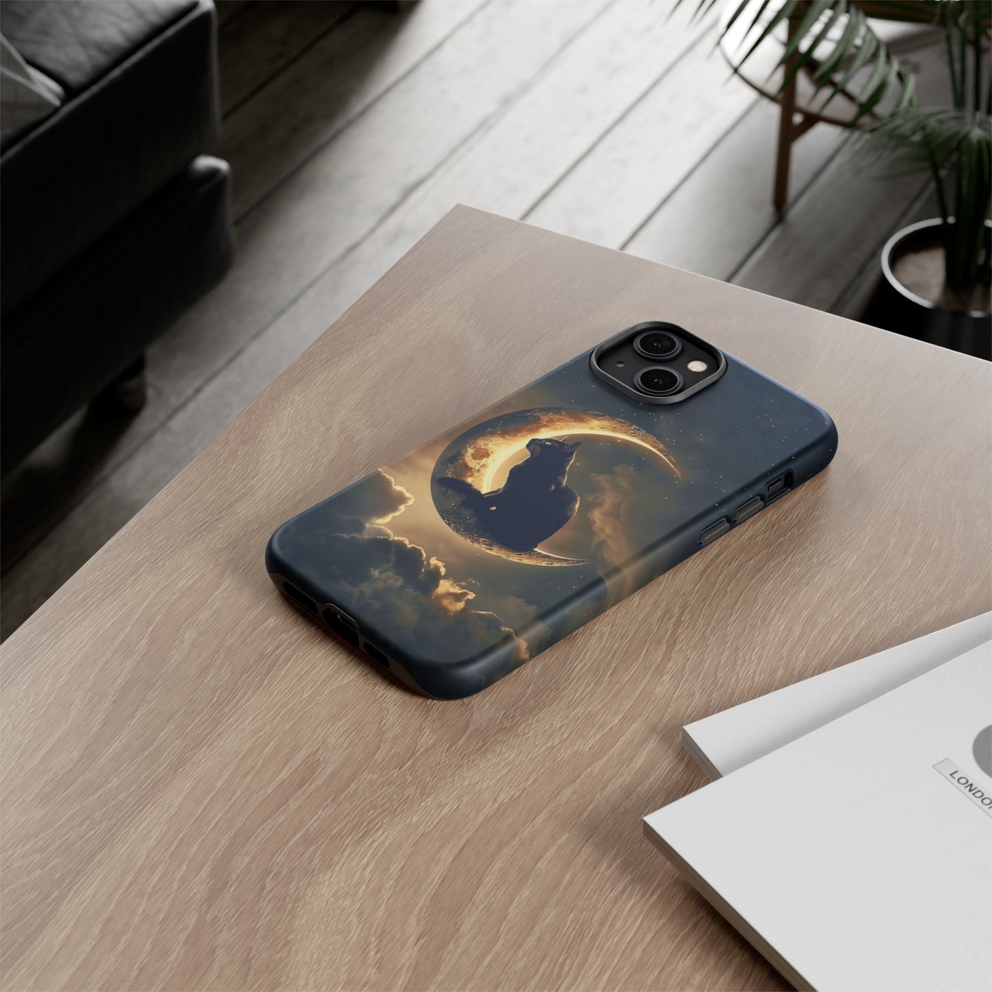 Black Cat on Crescent Moon Phone Case - Mystical Night Sky Design for iPhone, Samsung Galaxy, and Google Pixel Devices