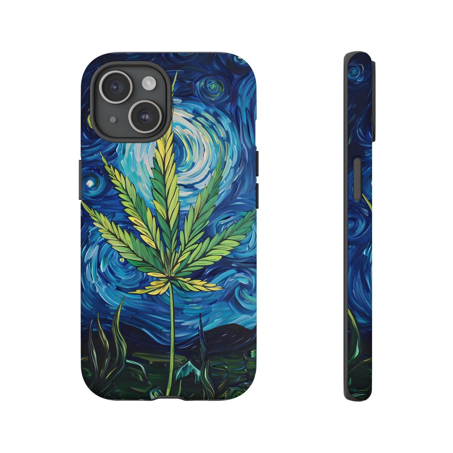 Pot Leaf Starry Night Phone Case – Artistic Marijuana Design for iPhone, Samsung Galaxy, and Google Pixel Devices