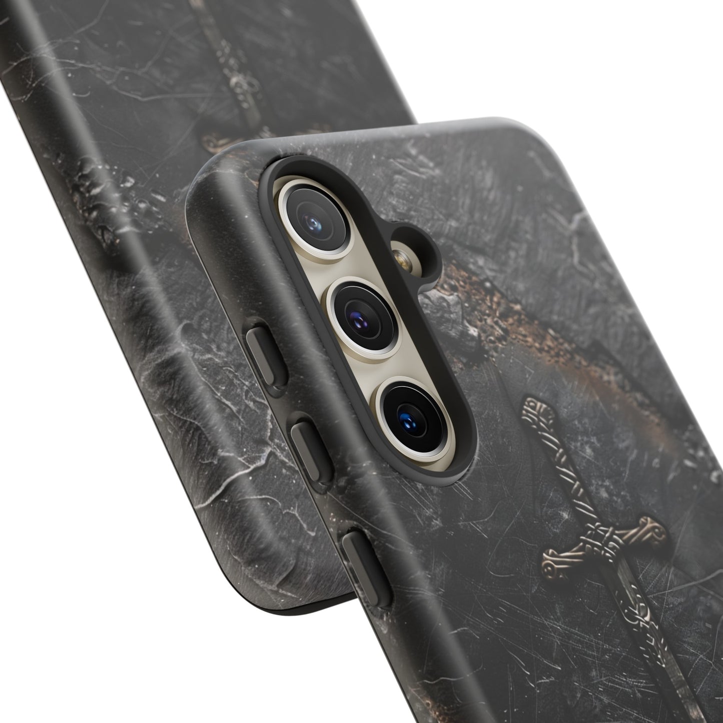 Medieval Sword Phone Case - Elegant Blade Design on Dark Stone Background for iPhone, Samsung Galaxy, and Google Pixel Devices