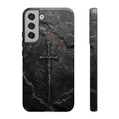 Medieval Sword Phone Case - Elegant Blade Design on Dark Stone Background for iPhone, Samsung Galaxy, and Google Pixel Devices