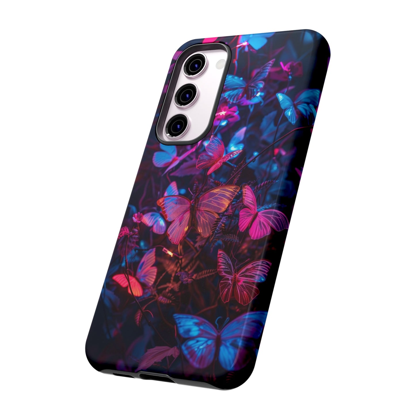 Neon Butterfly Garden Phone Case - Vibrant Nighttime Design for iPhone, Samsung Galaxy, and Google Pixel Devices