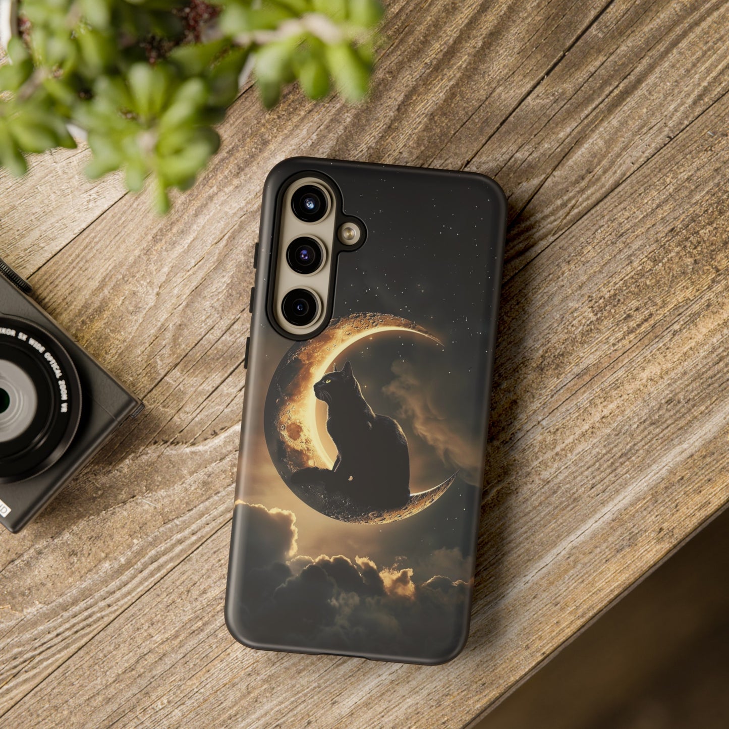 Black Cat on Crescent Moon Phone Case - Mystical Night Sky Design for iPhone, Samsung Galaxy, and Google Pixel Devices