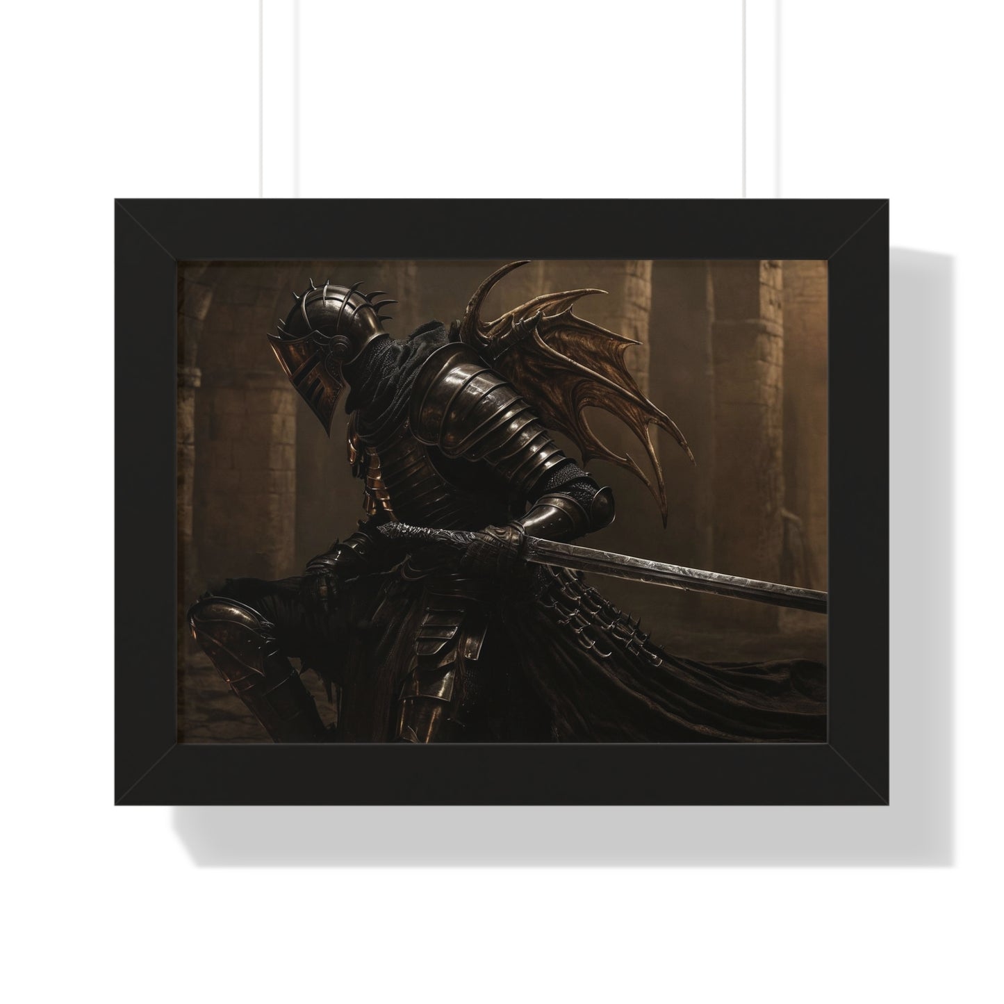 Framed Poster of a Dark Gothic Knight in Candlelit Medieval Castle - Fantasy Wall Art Decor