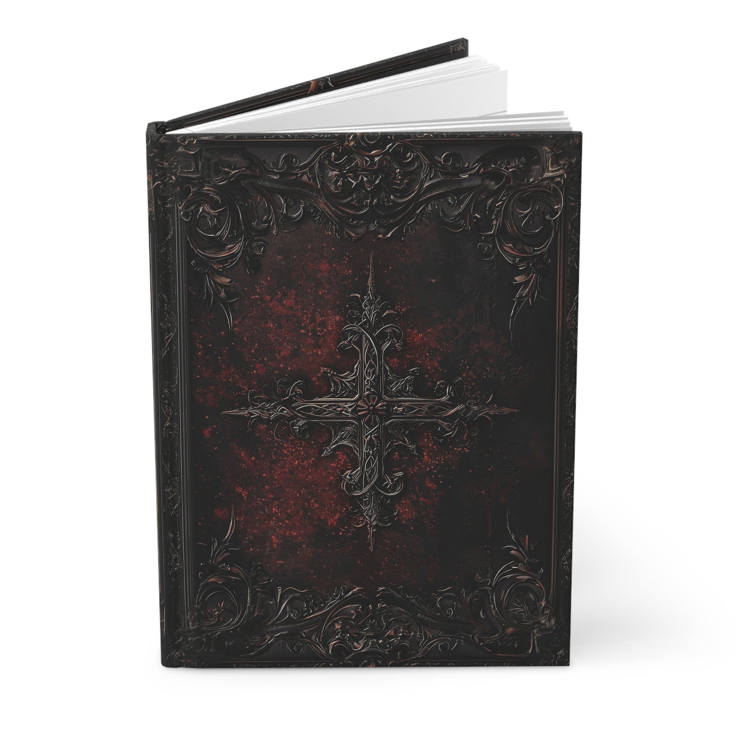 Dark Gothic Cross Notebook with Intricate Red Embossed Cover