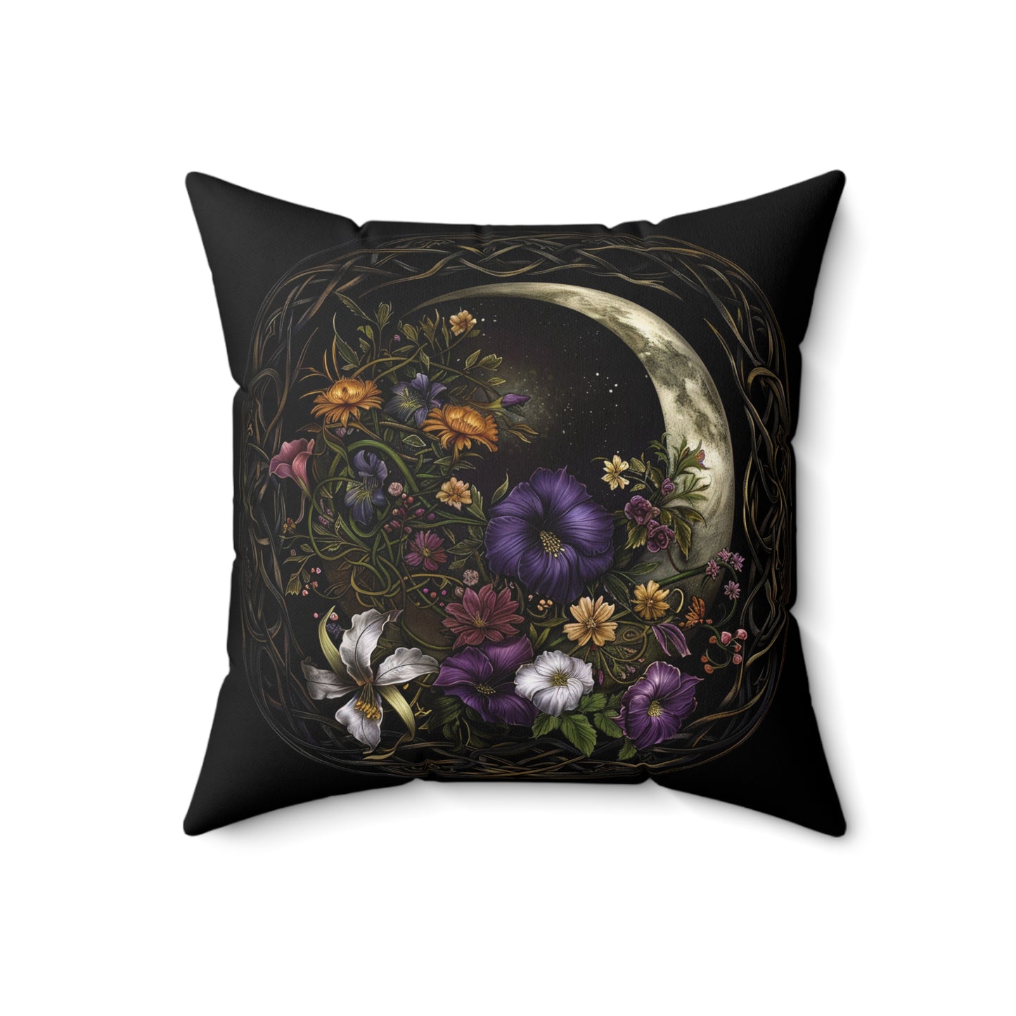 Gothic Moon Floral Art Throw Pillow - Spun Polyester Square Cushion with Moon and Flowers Design