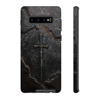 Medieval Sword Phone Case - Elegant Blade Design on Dark Stone Background for iPhone, Samsung Galaxy, and Google Pixel Devices