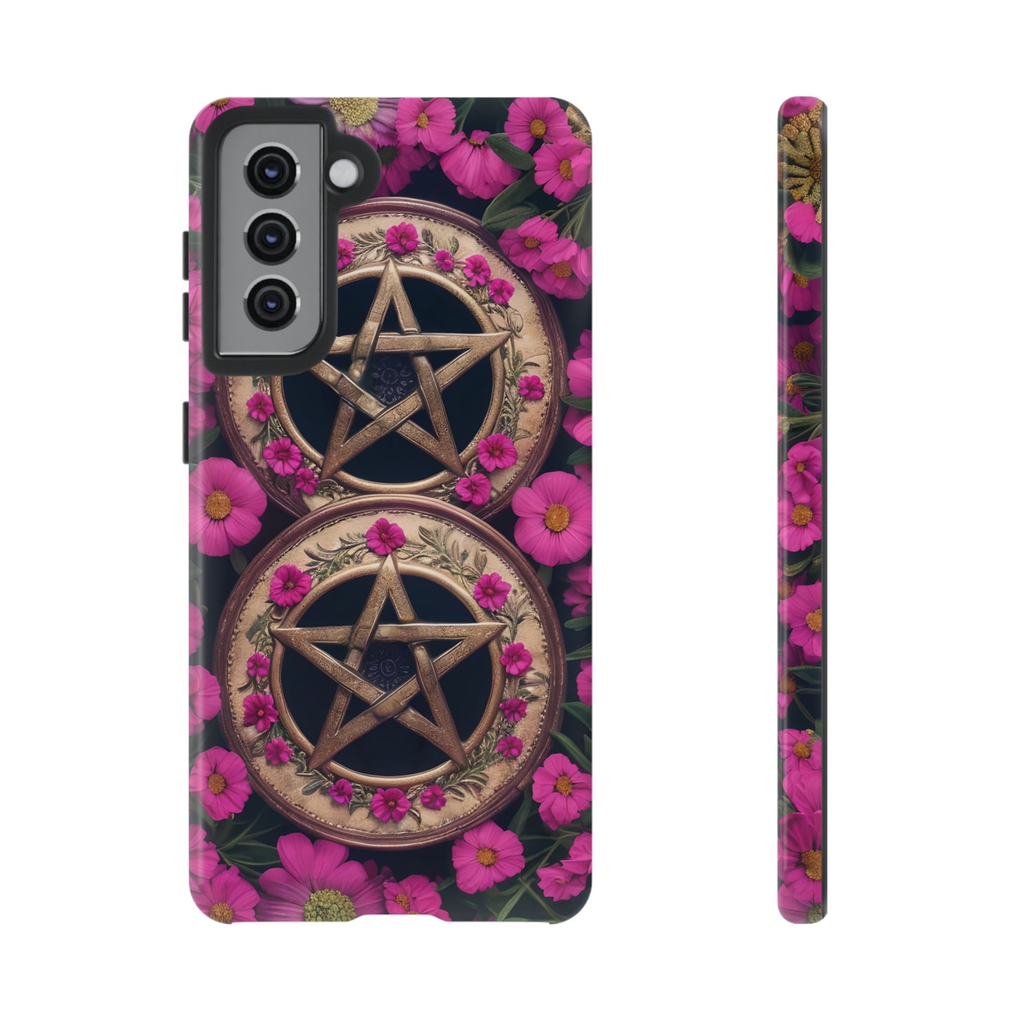 Pentacles in Pink Flowers Tough Phone Case – Mystical Floral Design for iPhone, Samsung Galaxy, and Google Pixel Devices