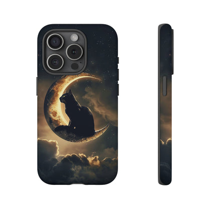 Black Cat on Crescent Moon Phone Case - Mystical Night Sky Design for iPhone, Samsung Galaxy, and Google Pixel Devices