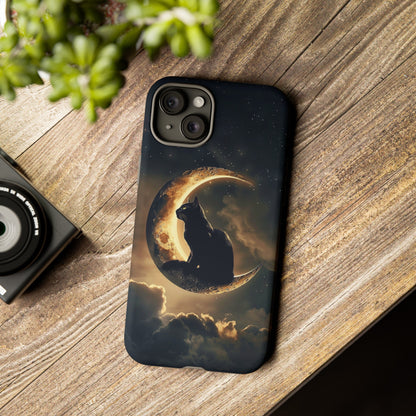 Black Cat on Crescent Moon Phone Case - Mystical Night Sky Design for iPhone, Samsung Galaxy, and Google Pixel Devices