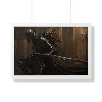 Framed Poster of a Dark Gothic Knight in Candlelit Medieval Castle - Fantasy Wall Art Decor