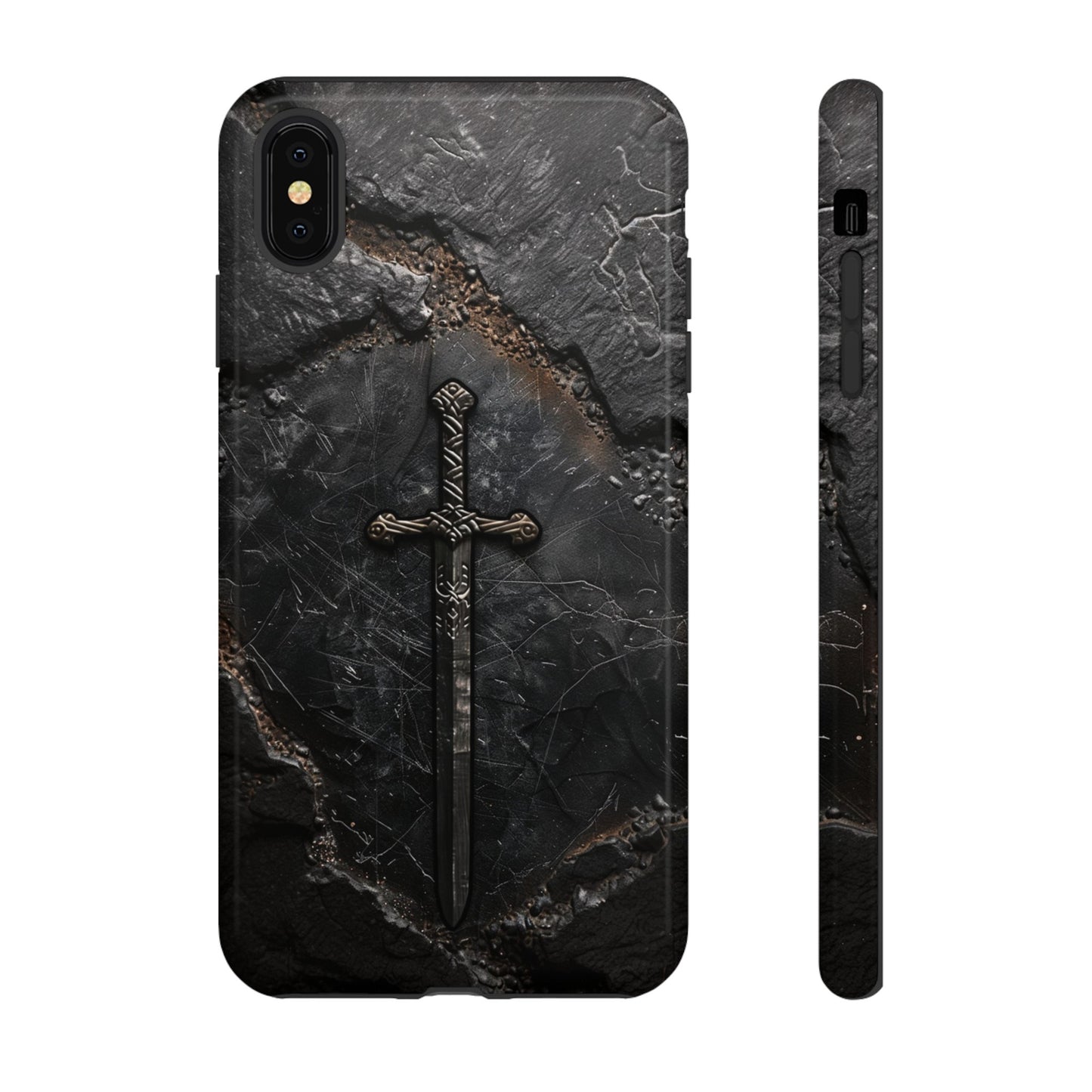 Medieval Sword Phone Case - Elegant Blade Design on Dark Stone Background for iPhone, Samsung Galaxy, and Google Pixel Devices