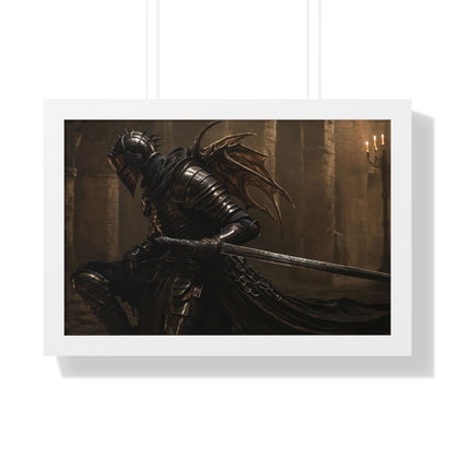 Framed Poster of a Dark Gothic Knight in Candlelit Medieval Castle - Fantasy Wall Art Decor