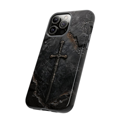 Medieval Sword Phone Case - Elegant Blade Design on Dark Stone Background for iPhone, Samsung Galaxy, and Google Pixel Devices