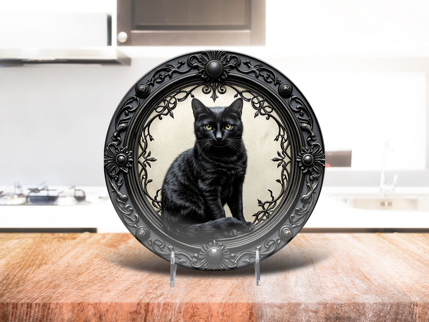 Black Cat Gothic Plate - Mystical Feline Decorative Dish for Witchy Homes