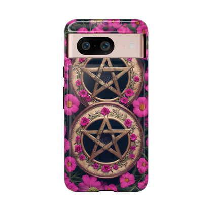 Pentacles in Pink Flowers Tough Phone Case – Mystical Floral Design for iPhone, Samsung Galaxy, and Google Pixel Devices