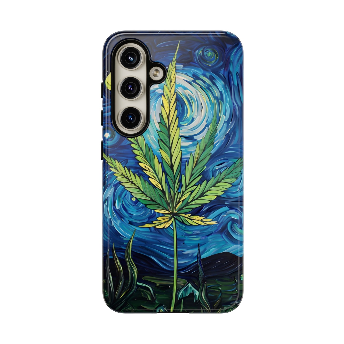 Pot Leaf Starry Night Phone Case – Artistic Marijuana Design for iPhone, Samsung Galaxy, and Google Pixel Devices