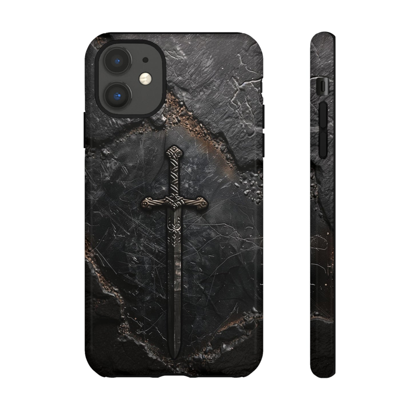 Medieval Sword Phone Case - Elegant Blade Design on Dark Stone Background for iPhone, Samsung Galaxy, and Google Pixel Devices