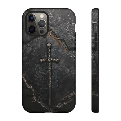 Medieval Sword Phone Case - Elegant Blade Design on Dark Stone Background for iPhone, Samsung Galaxy, and Google Pixel Devices