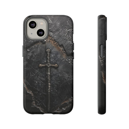 Medieval Sword Phone Case - Elegant Blade Design on Dark Stone Background for iPhone, Samsung Galaxy, and Google Pixel Devices