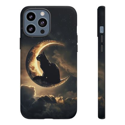 Black Cat on Crescent Moon Phone Case - Mystical Night Sky Design for iPhone, Samsung Galaxy, and Google Pixel Devices