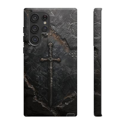 Medieval Sword Phone Case - Elegant Blade Design on Dark Stone Background for iPhone, Samsung Galaxy, and Google Pixel Devices