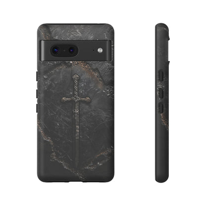 Medieval Sword Phone Case - Elegant Blade Design on Dark Stone Background for iPhone, Samsung Galaxy, and Google Pixel Devices