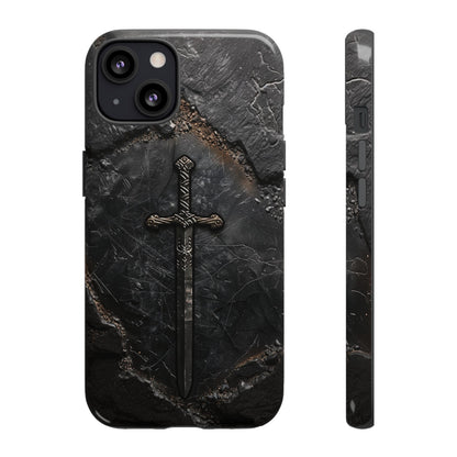 Medieval Sword Phone Case - Elegant Blade Design on Dark Stone Background for iPhone, Samsung Galaxy, and Google Pixel Devices