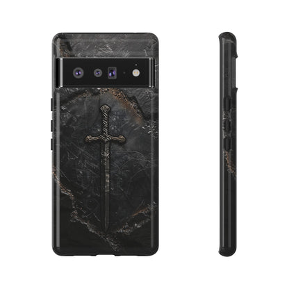 Medieval Sword Phone Case - Elegant Blade Design on Dark Stone Background for iPhone, Samsung Galaxy, and Google Pixel Devices