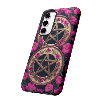 Pentacles in Pink Flowers Tough Phone Case – Mystical Floral Design for iPhone, Samsung Galaxy, and Google Pixel Devices