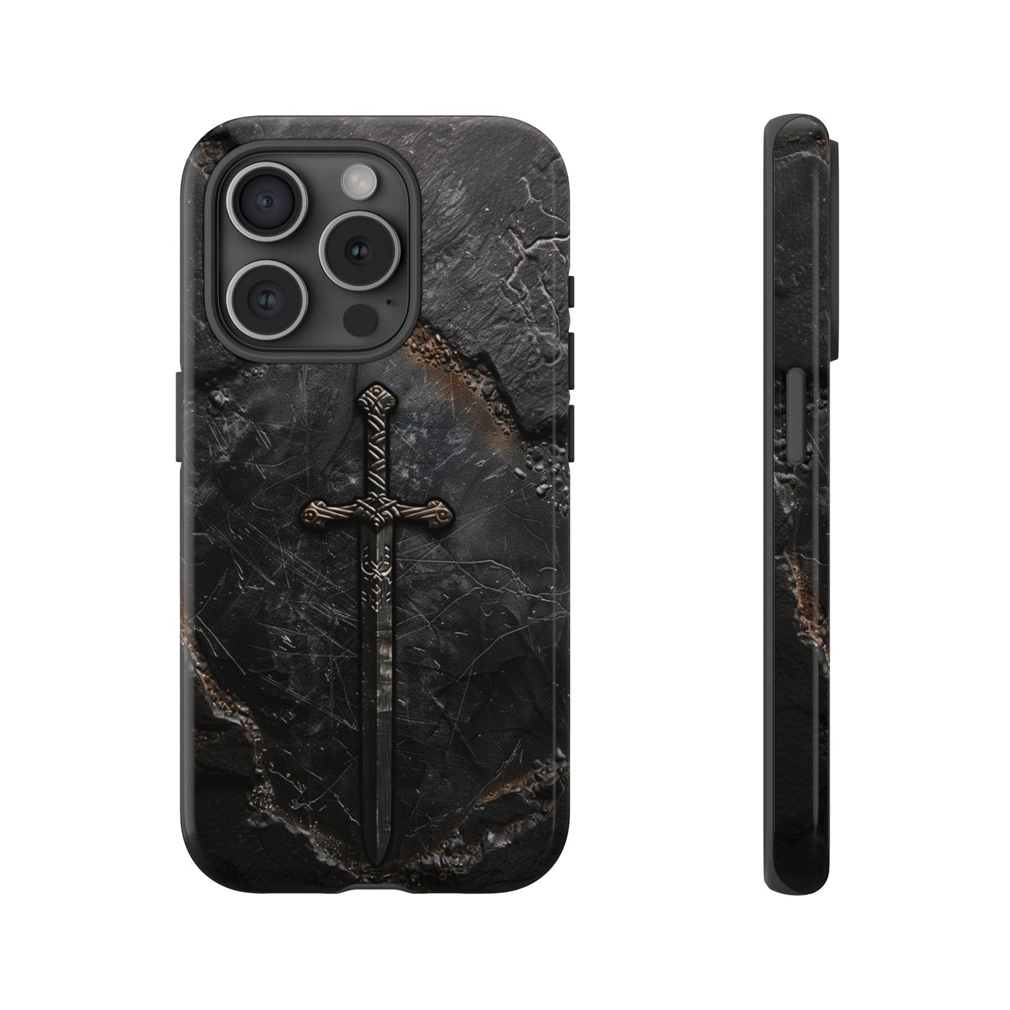 Medieval Sword Phone Case - Elegant Blade Design on Dark Stone Background for iPhone, Samsung Galaxy, and Google Pixel Devices