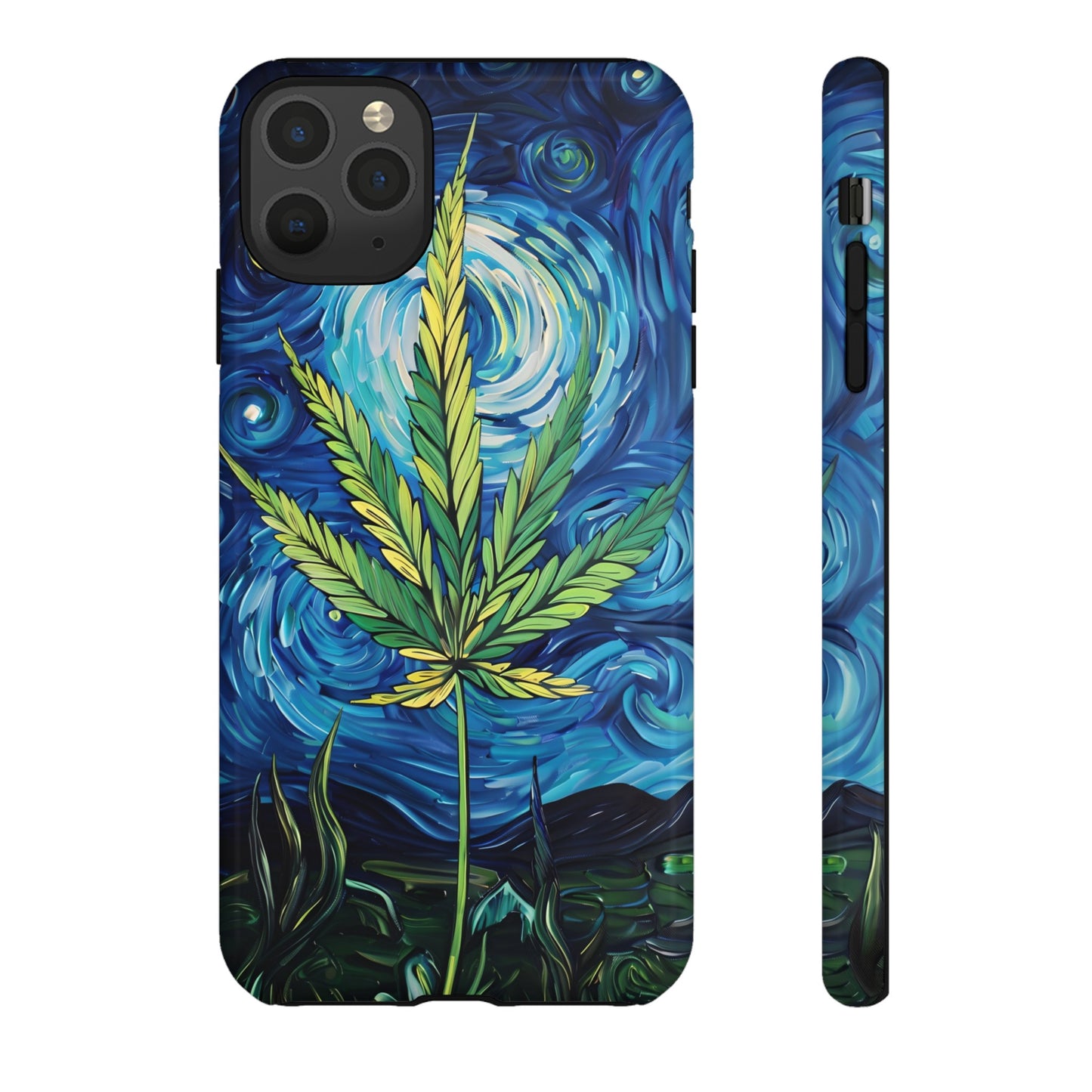 Pot Leaf Starry Night Phone Case – Artistic Marijuana Design for iPhone, Samsung Galaxy, and Google Pixel Devices