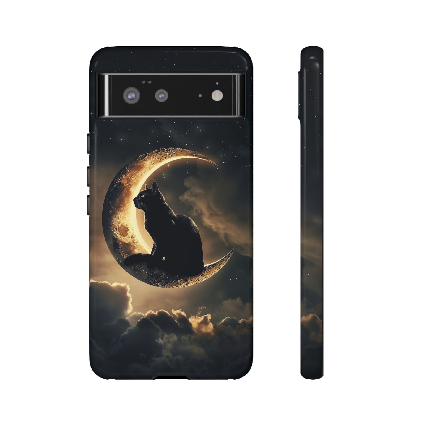 Black Cat on Crescent Moon Phone Case - Mystical Night Sky Design for iPhone, Samsung Galaxy, and Google Pixel Devices