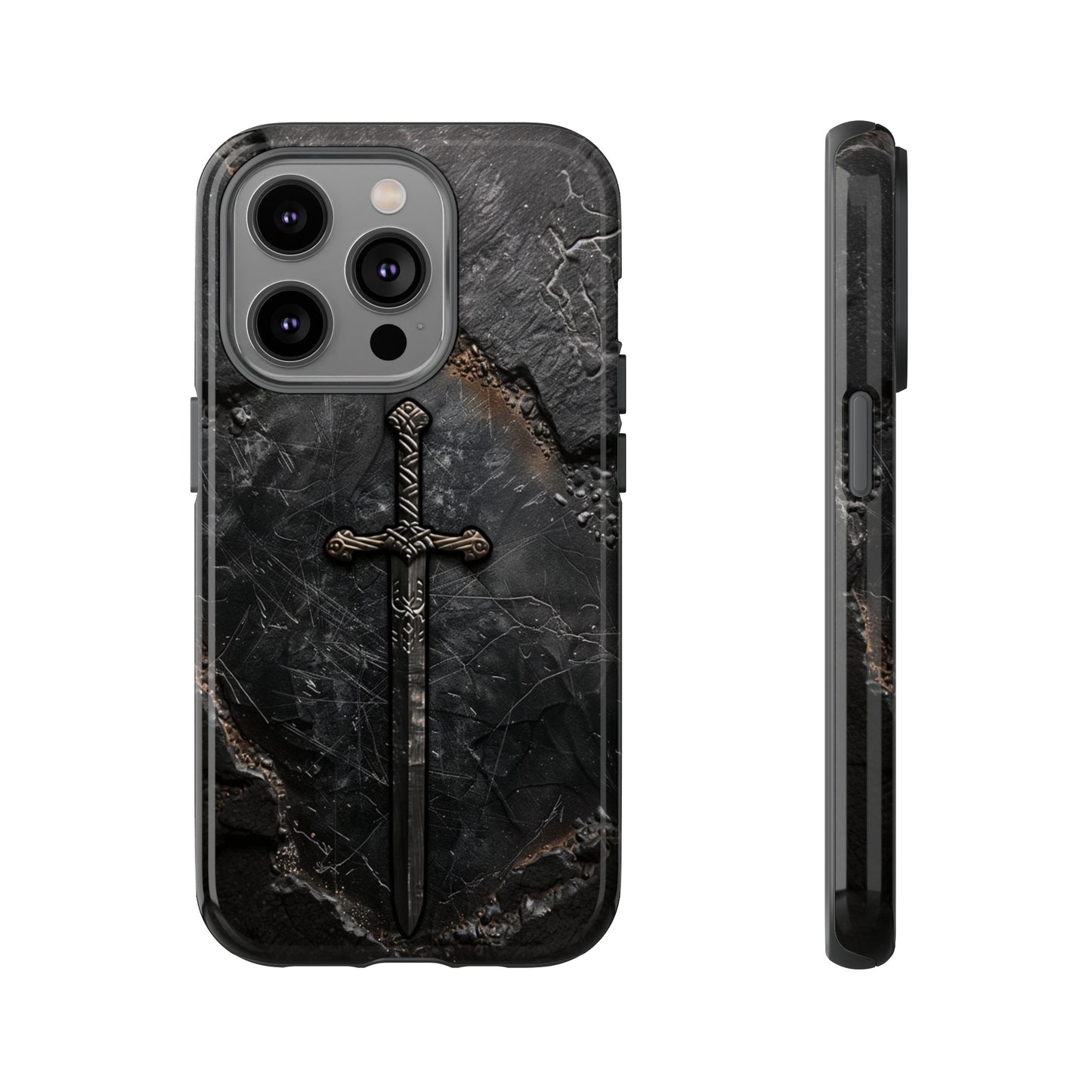 Medieval Sword Phone Case - Elegant Blade Design on Dark Stone Background for iPhone, Samsung Galaxy, and Google Pixel Devices