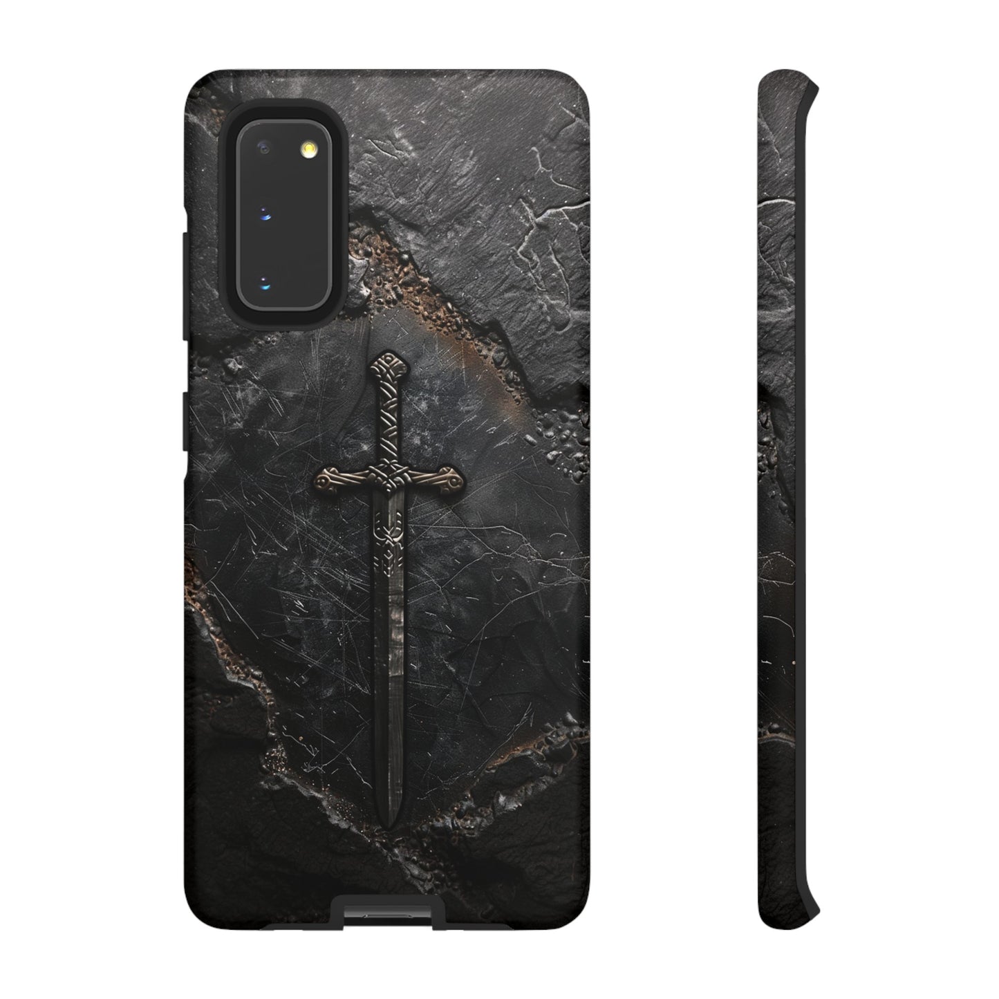 Medieval Sword Phone Case - Elegant Blade Design on Dark Stone Background for iPhone, Samsung Galaxy, and Google Pixel Devices