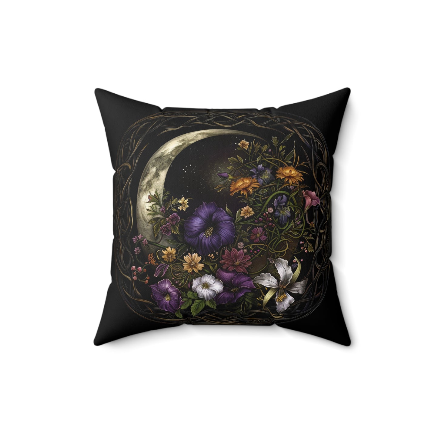 Gothic Moon Floral Art Throw Pillow - Spun Polyester Square Cushion with Moon and Flowers Design