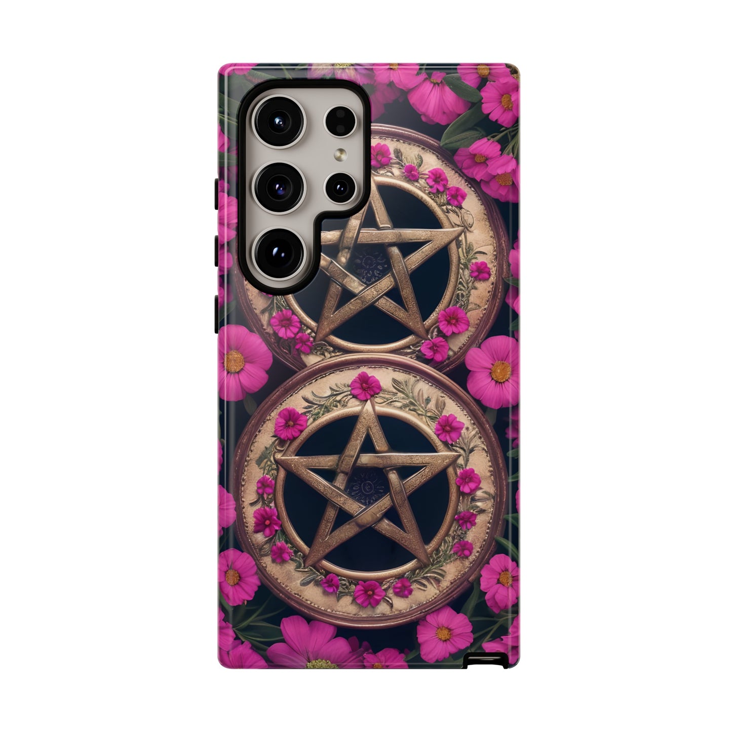 Pentacles in Pink Flowers Tough Phone Case – Mystical Floral Design for iPhone, Samsung Galaxy, and Google Pixel Devices