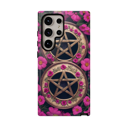 Pentacles in Pink Flowers Tough Phone Case – Mystical Floral Design for iPhone, Samsung Galaxy, and Google Pixel Devices