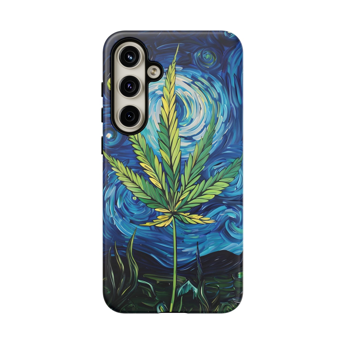 Pot Leaf Starry Night Phone Case – Artistic Marijuana Design for iPhone, Samsung Galaxy, and Google Pixel Devices