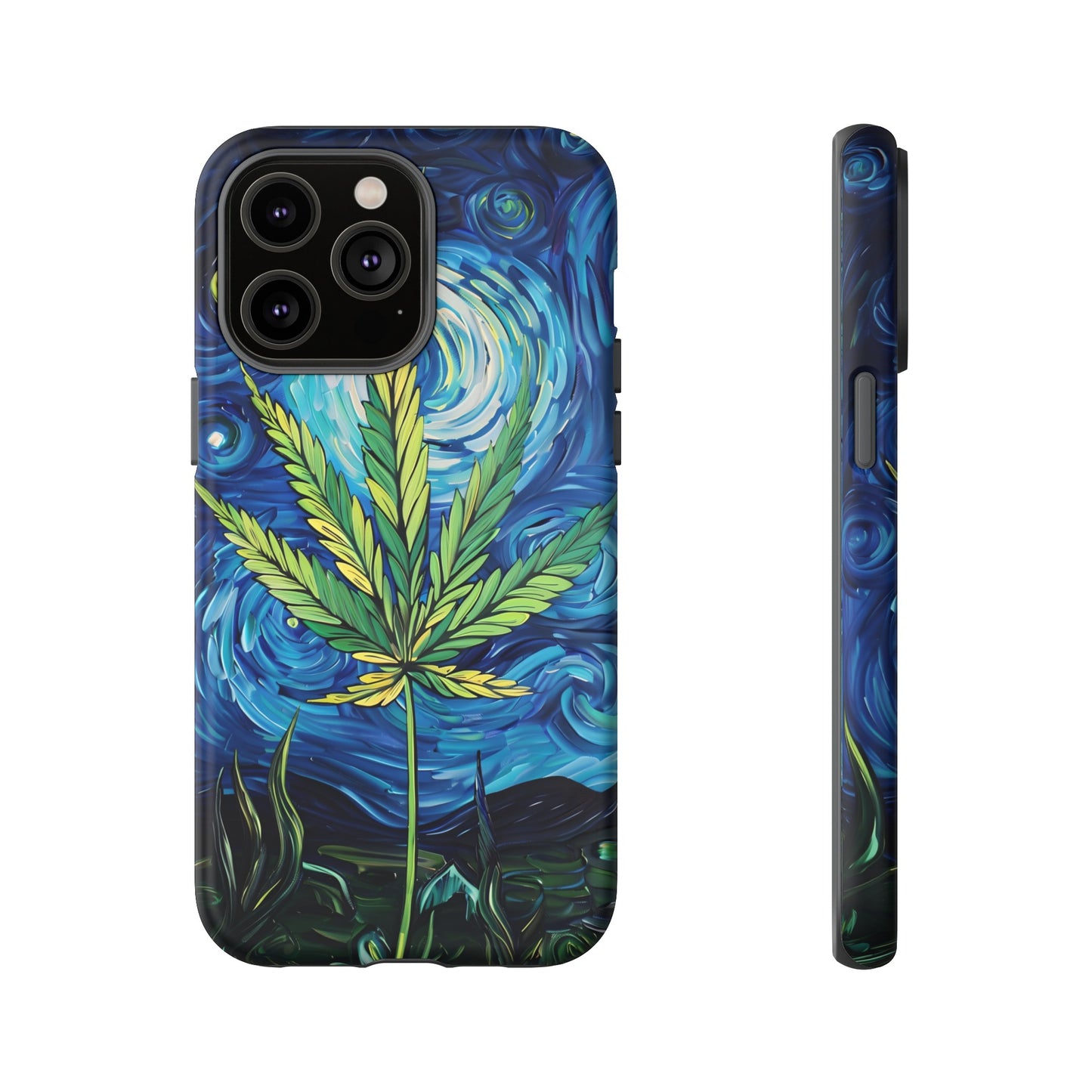 Pot Leaf Starry Night Phone Case – Artistic Marijuana Design for iPhone, Samsung Galaxy, and Google Pixel Devices