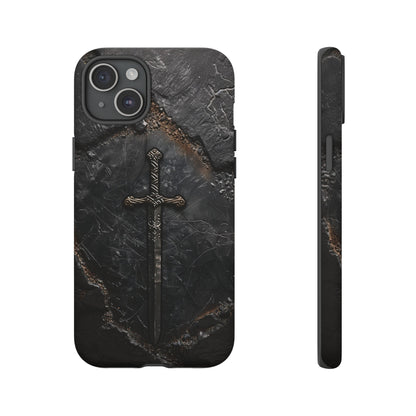 Medieval Sword Phone Case - Elegant Blade Design on Dark Stone Background for iPhone, Samsung Galaxy, and Google Pixel Devices