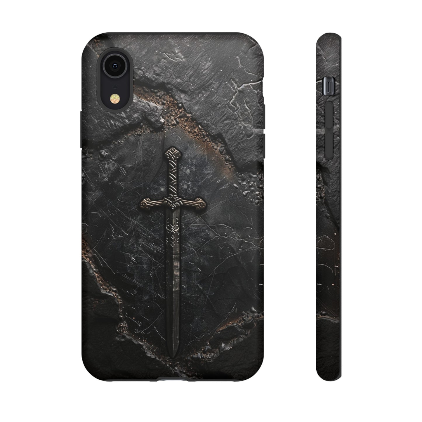 Medieval Sword Phone Case - Elegant Blade Design on Dark Stone Background for iPhone, Samsung Galaxy, and Google Pixel Devices