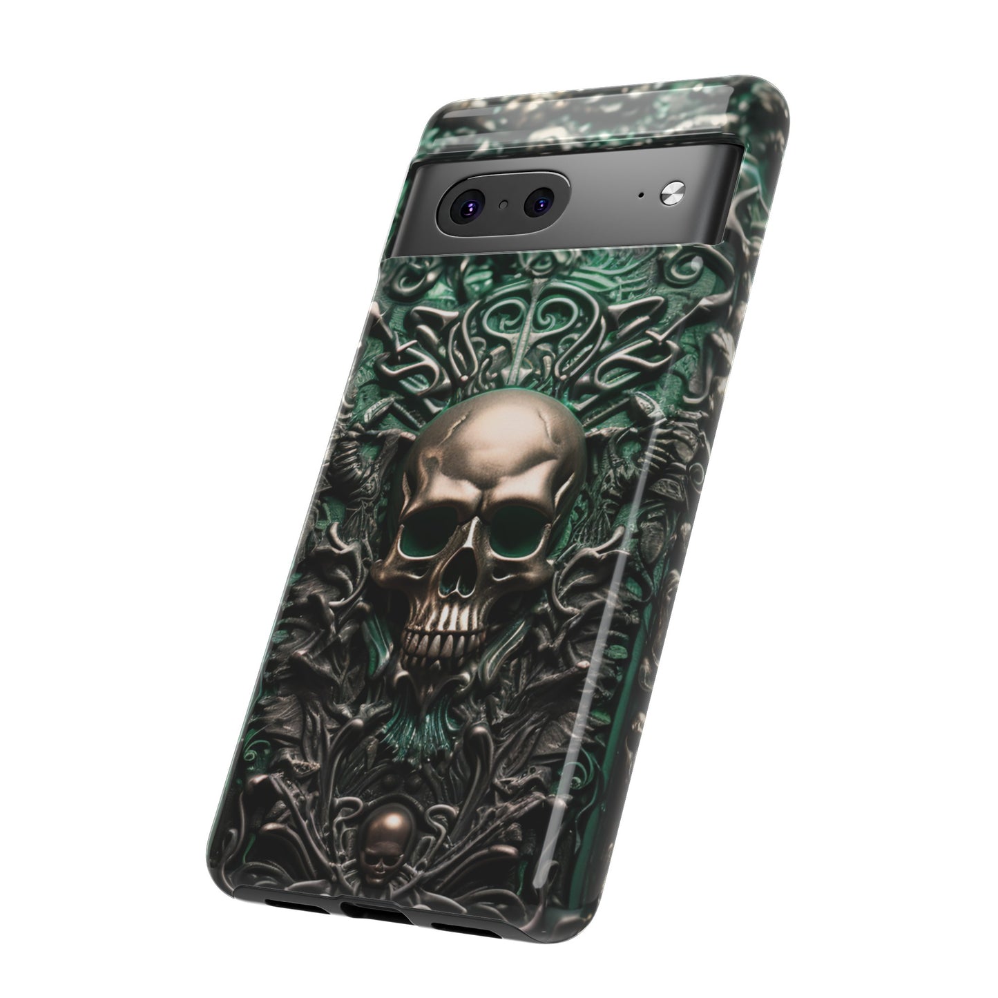 Green Skull Phone Case – Ornate Gothic Design for iPhone, Samsung Galaxy, and Google Pixel Devices