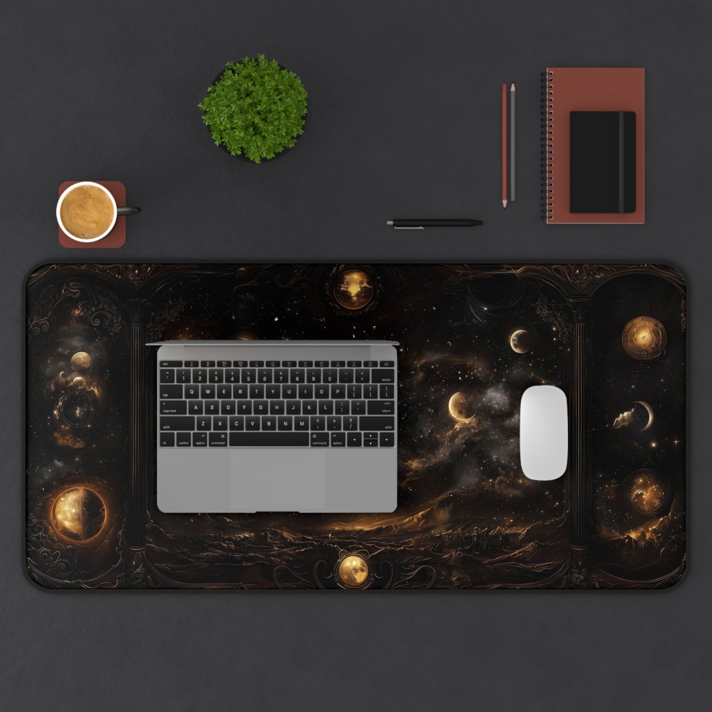 Celestial Night Sky Desk Mat - Cosmic Moon Phases Gaming Mouse Pad with Dark Starry Design